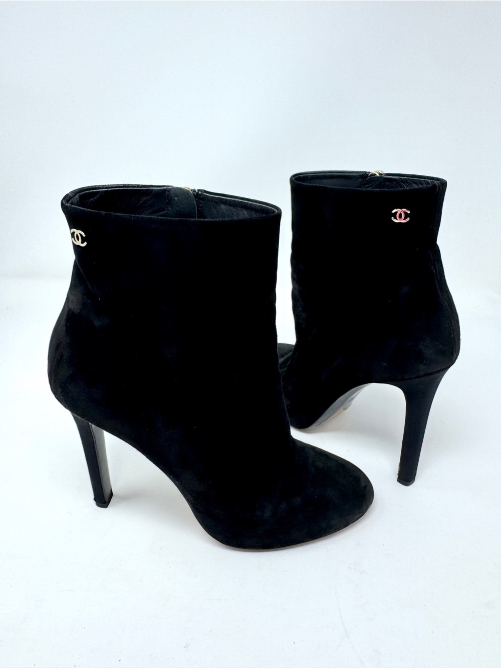 Chanel Interlocking CC Black Suede High Heel Ankle Booties with Silver CC Logo
